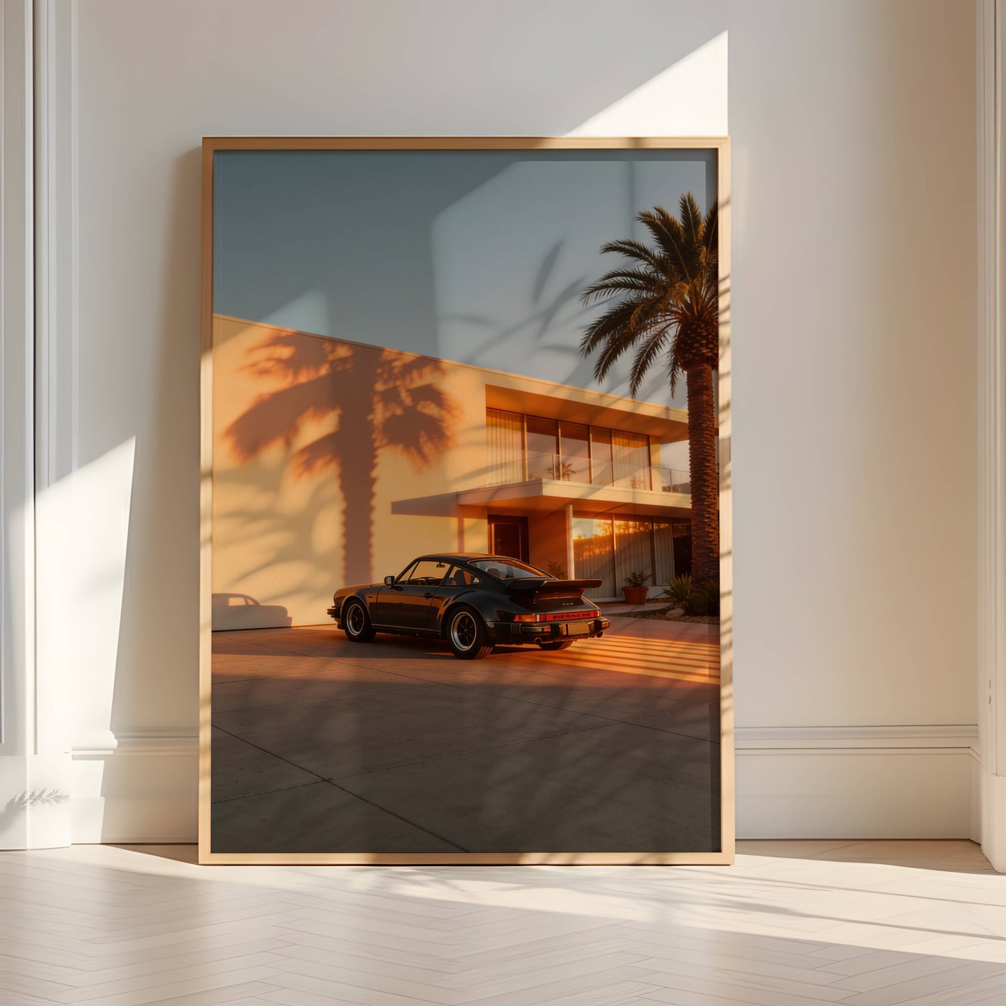 Affiche Porsche 911 Noire & Architecture Contemporaine – Jeu d’Ombres Graphiques et Lumière Dorée | Poster Design Automobile