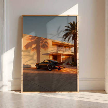 Affiche Porsche 911 Noire & Architecture Contemporaine – Jeu d’Ombres Graphiques et Lumière Dorée | Poster Design Automobile