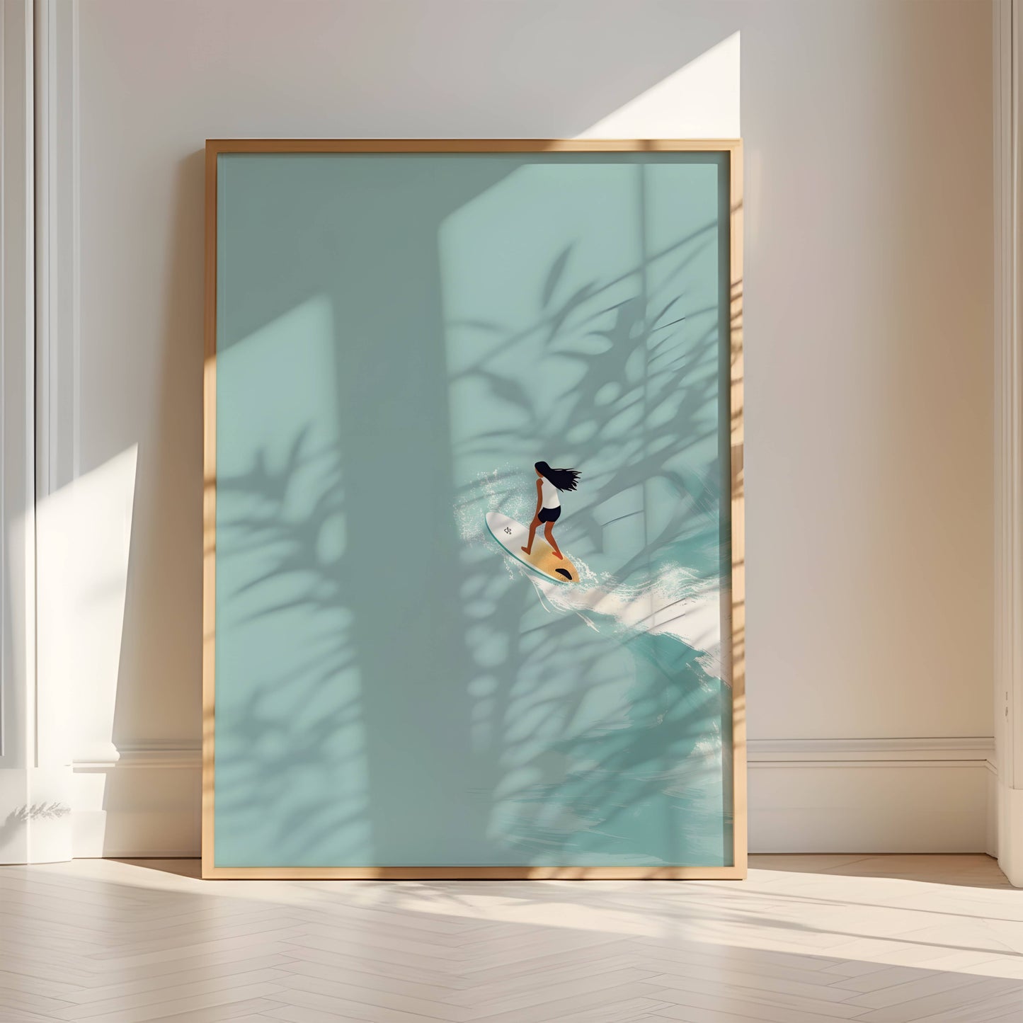 Affiche Surfeuse Minimaliste – Vague Océanique et Esprit Surf | Poster sur Papier Mat