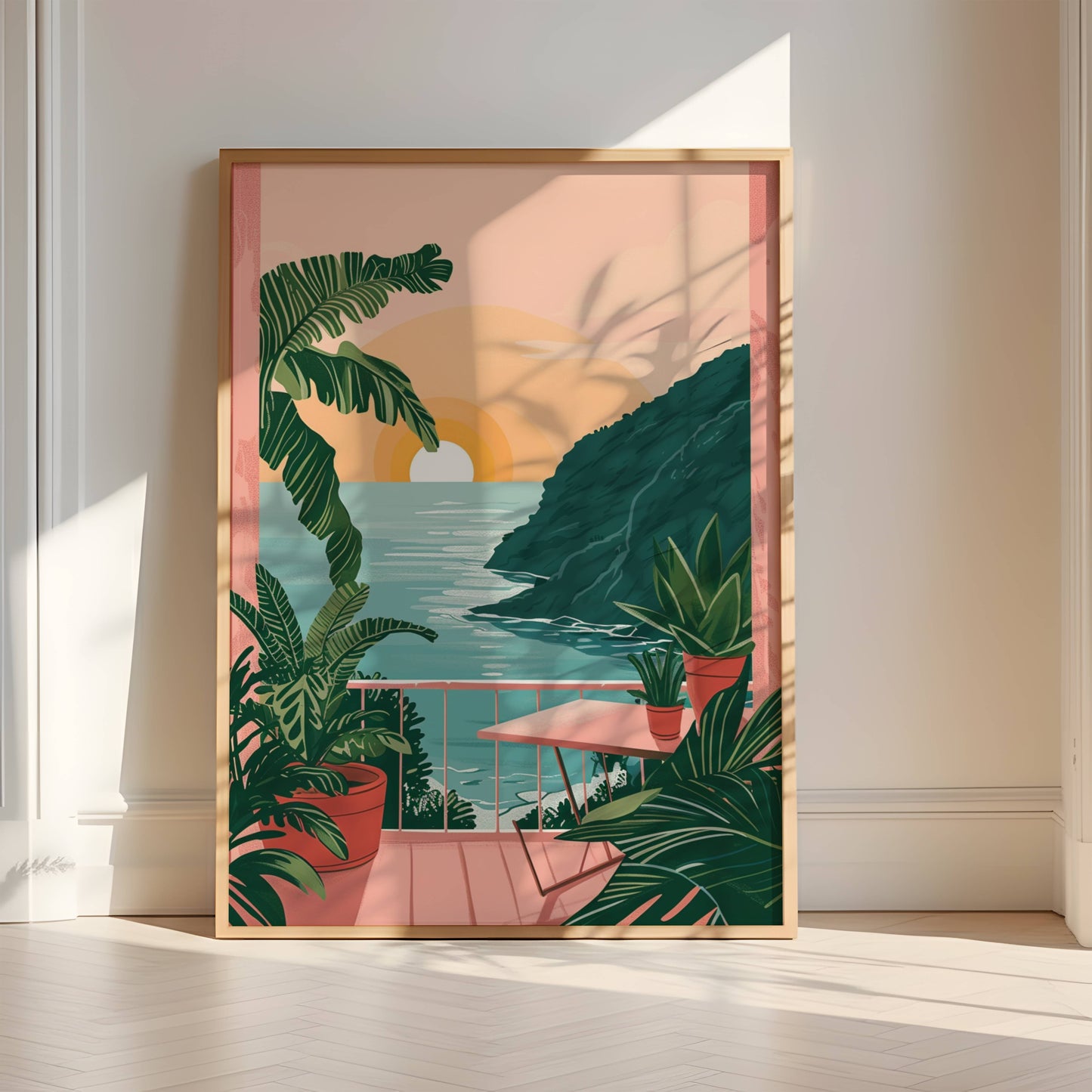 Affiche Terrasse Tropicale au Coucher du Soleil – Vue sur l’Océan et Évasion Paradisiaque | Poster sur Papier Mat
