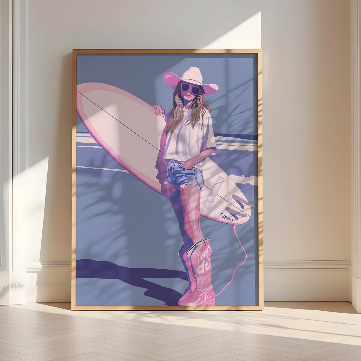 Affiche Surfeuse Vintage sur la Plage – Esprit Surf Bohème et Évasion Côtière | Poster Art Mural