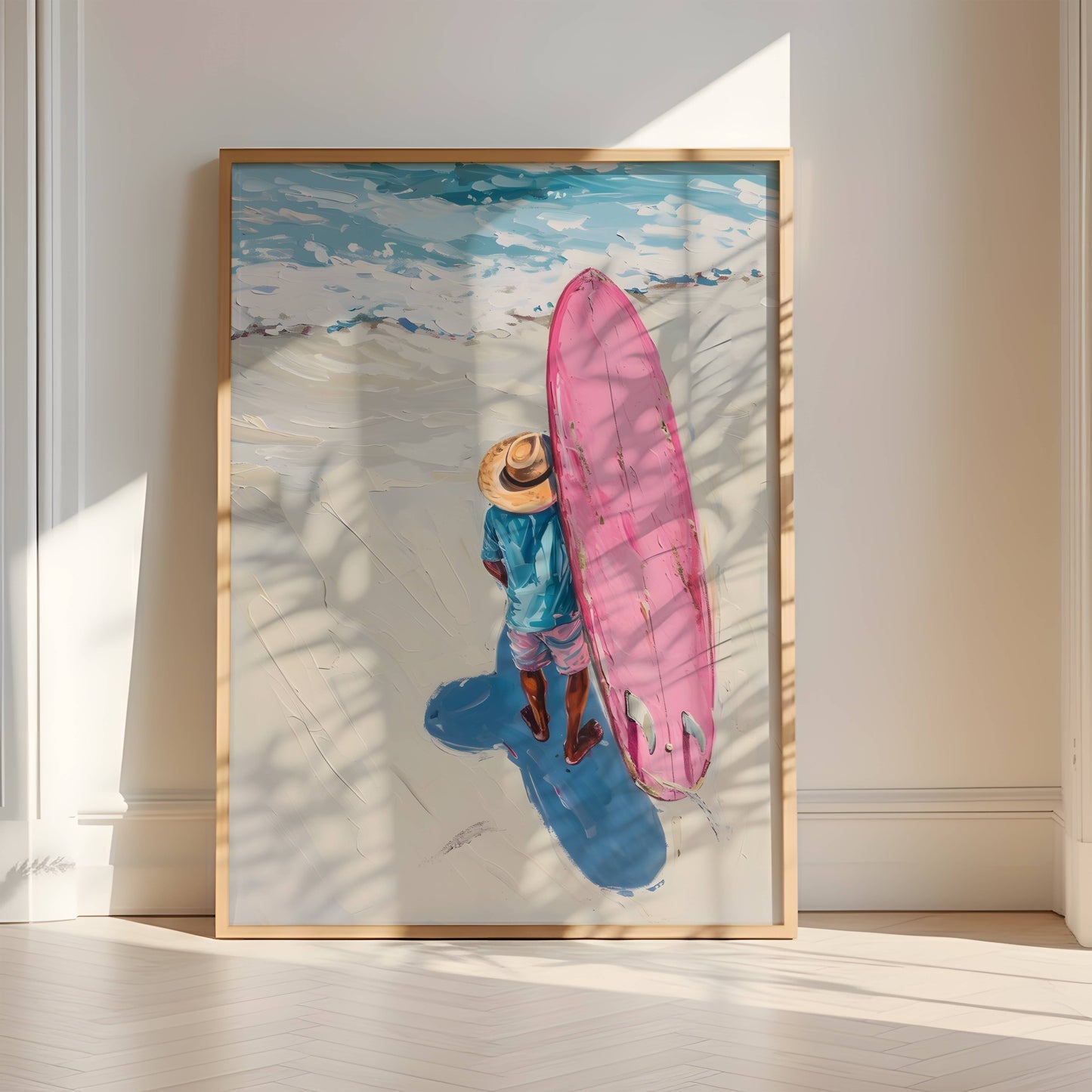Affiche Trendy Surfeur et Planche Rose – Esprit Plage et Évasion Estivale | Poster sur Papier Mat