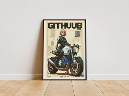 Affiche cyberpunk motarde #2 – illustration néon futuriste