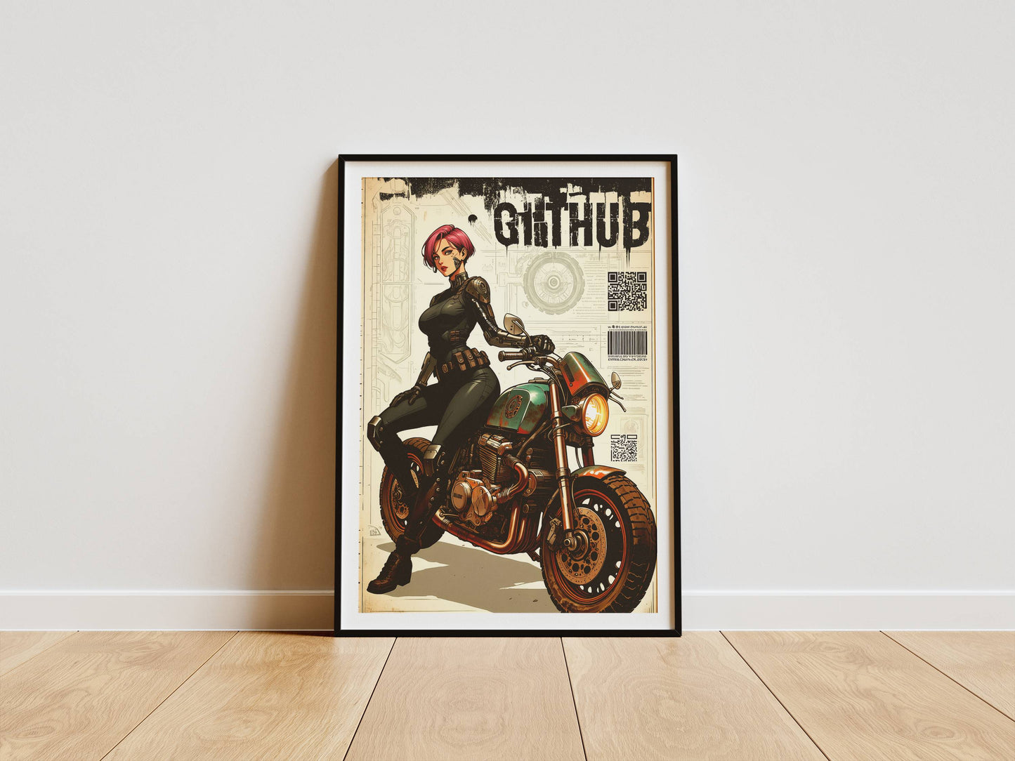 Affiche cyberpunk motarde #3 – poster sci-fi féminin