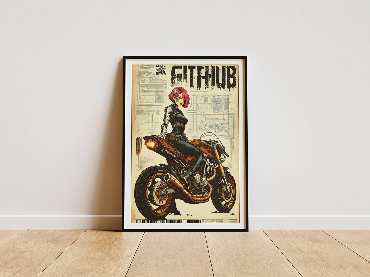Affiche cyberpunk motarde #5 – illustration futuriste moto