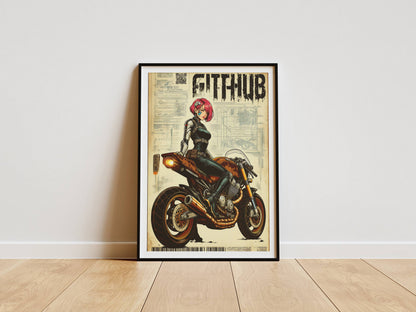 Affiche cyberpunk motarde #5 – illustration futuriste moto