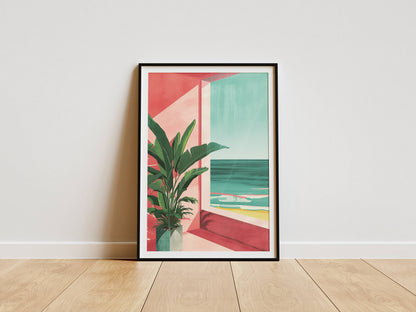 Affiche Terrasse Tropicale Face à l’Océan – Évasion Côtière et Ambiance Estivale | Poster sur Papier Mat