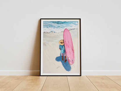 Affiche Trendy Surfeur et Planche Rose – Esprit Plage et Évasion Estivale | Poster sur Papier Mat