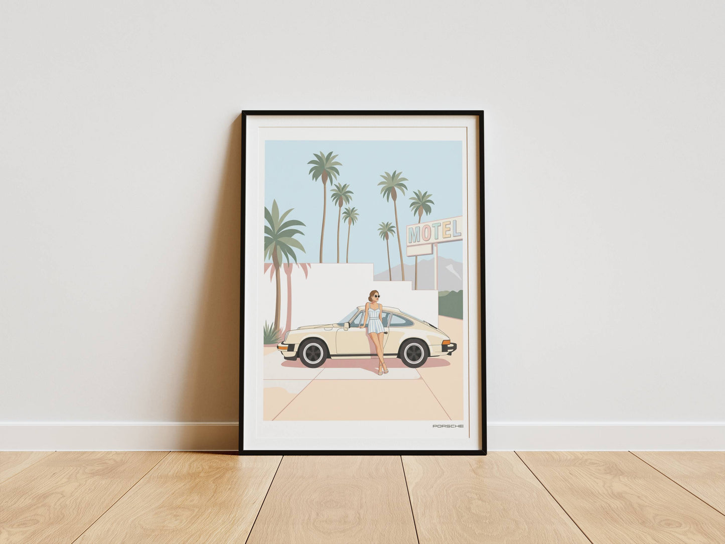 Affiche Porsche Vintage devant Motel Rétro – Californian Dream & Lifestyle Estival | Poster Automobile Chic