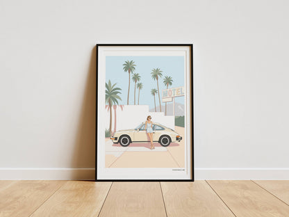 Affiche Porsche Vintage devant Motel Rétro – Californian Dream & Lifestyle Estival | Poster Automobile Chic