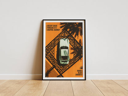 Affiche Porsche 911 Vue Aérienne Vintage – Design Graphique Orange & Noir | Poster Automobile Rétro Premium