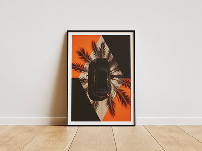 Affiche Porsche Vue Aérienne – Design Graphique Moderne & Ombres de Palmiers | Poster Automobile Premium