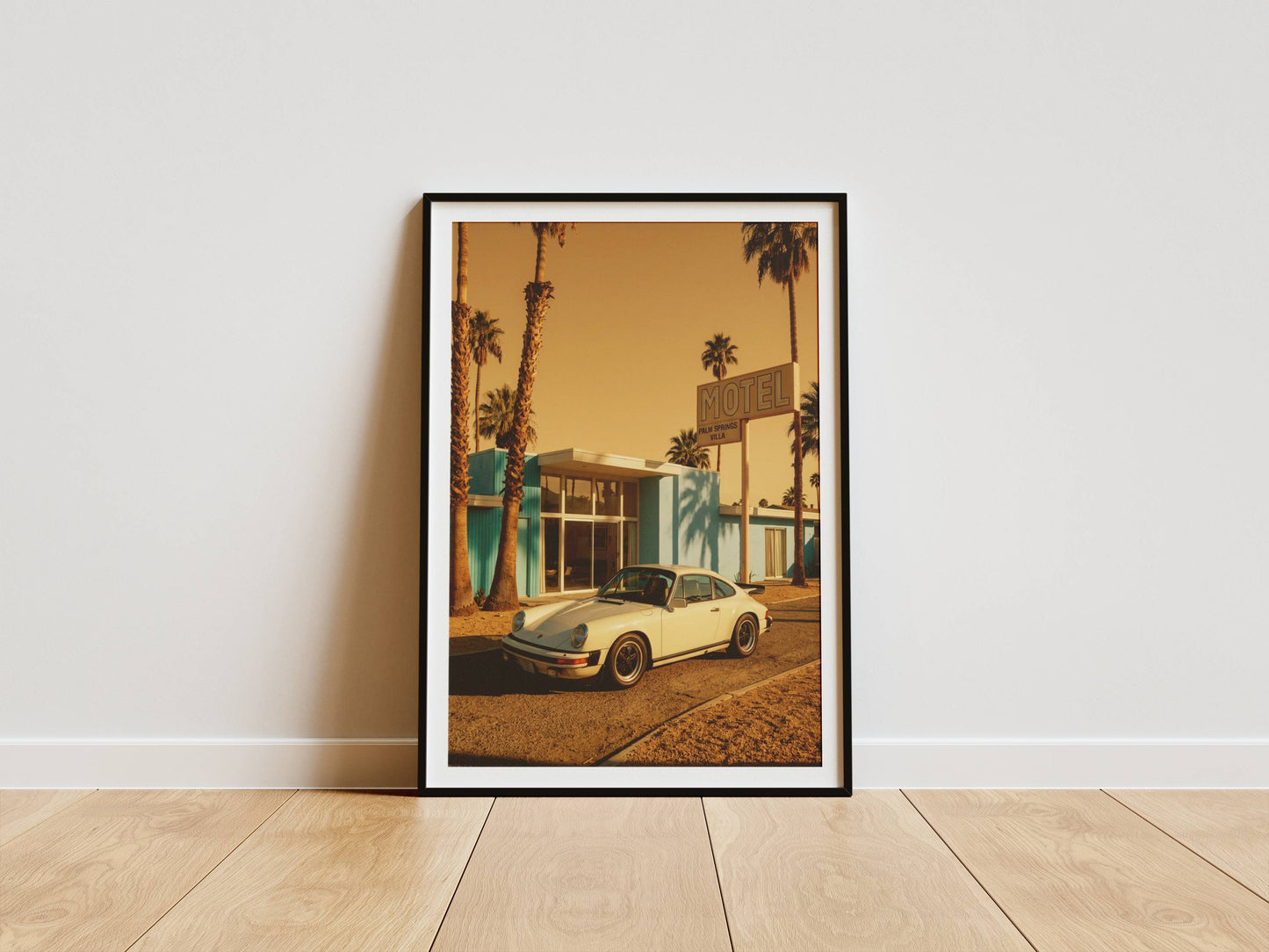Affiche Porsche 911 devant Motel Vintage – Esprit Road Trip Américain & Architecture Mid-Century | Poster Automobile Rétro