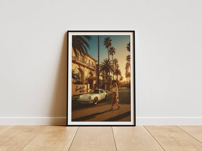 Affiche Porsche 911 Devant Grand Hôtel de Luxe – Élégance Riviera & Lifestyle Premium | Poster Automobile Vintage