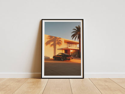 Affiche Porsche 911 Noire & Architecture Contemporaine – Jeu d’Ombres Graphiques et Lumière Dorée | Poster Design Automobile