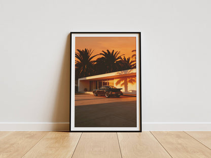 Affiche Porsche 911 au Sunset – Ambiance Cinématographique & Palmiers Tropicaux | Poster Automobile Vintage