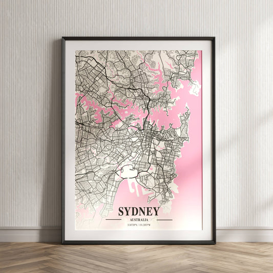 Affiche Carte Ville Minimaliste Sydney Australia Napolitain – Poster Urbain Moderne Rose & Noir | Décoration Murale Papier Mat