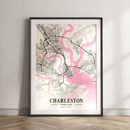 Affiche Carte Ville Minimaliste Charleston USA Napolitain – Poster Urbain Moderne Rose & Noir | Décoration Murale Papier Mat