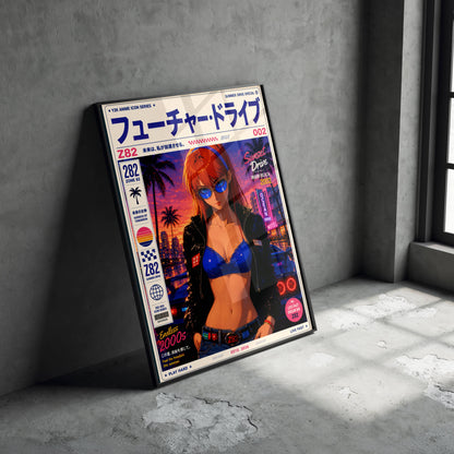 Y2K Future Drive Poster | Retro Anime City Art Print | Neon Sunset Wall Decor | Futuristic Vaporwave Poster