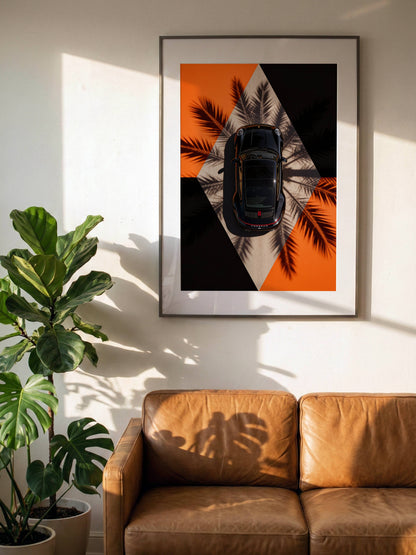 Affiche Porsche Vue Aérienne – Design Graphique Moderne & Ombres de Palmiers | Poster Automobile Premium