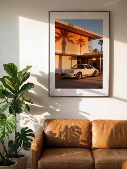 Affiche Porsche Classique devant Villa Moderniste – Architecture de Luxe & Design Rétro | Poster Automobile Premium
