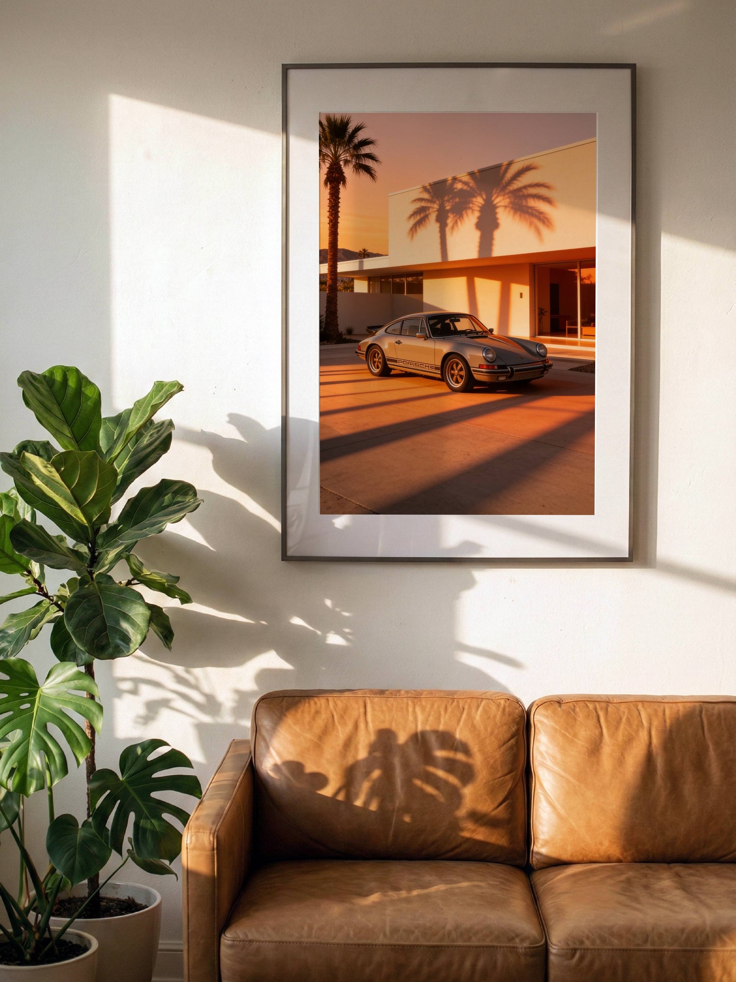 Affiche Porsche 911 au Coucher du Soleil – Lumière Californienne & Ombres de Palmiers | Poster Automobile Vintage Premium