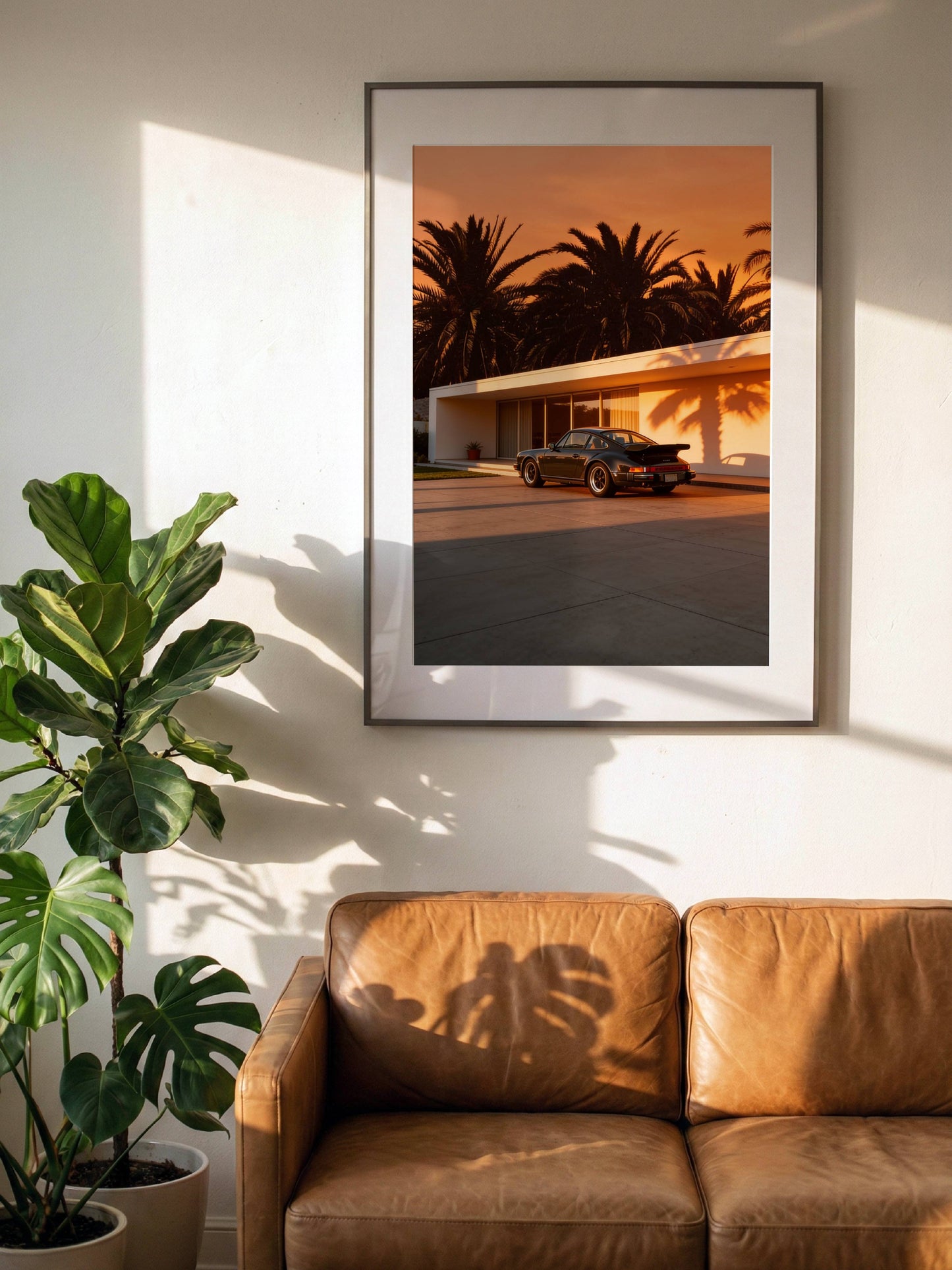 Affiche Porsche 911 au Sunset – Ambiance Cinématographique & Palmiers Tropicaux | Poster Automobile Vintage