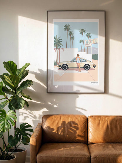 Affiche Porsche Vintage devant Motel Rétro – Californian Dream & Lifestyle Estival | Poster Automobile Chic