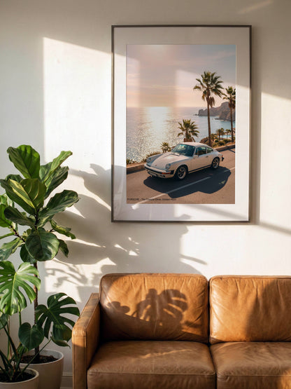 Affiche Porsche Vintage sur Route Côtière – Riviera Méditerranéenne & Évasion Automobile | Poster Sunset Premium