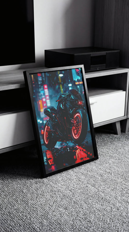 🏍️🏁🔧 Moto Cyberpunk Série futuriste #️⃣5  - (Affiche encadrée métal) - Aura Studio Déco