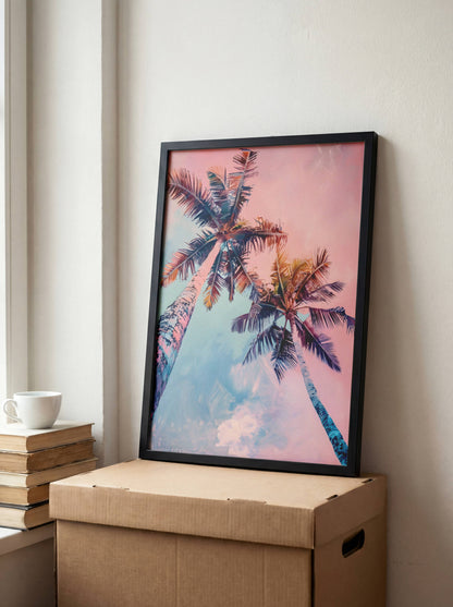 Affiche Palmiers Tropicaux Rose et Bleu – Ambiance Sunset Tropicale | Poster sur Papier Mat