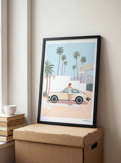 Affiche Porsche Vintage devant Motel Rétro – Californian Dream & Lifestyle Estival | Poster Automobile Chic