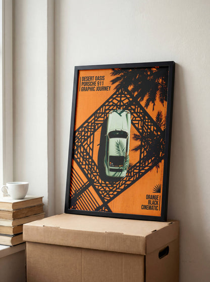 Affiche Porsche 911 Vue Aérienne Vintage – Design Graphique Orange & Noir | Poster Automobile Rétro Premium