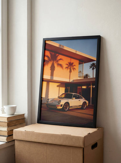 Affiche Porsche Classique devant Villa Moderniste – Architecture de Luxe & Design Rétro | Poster Automobile Premium