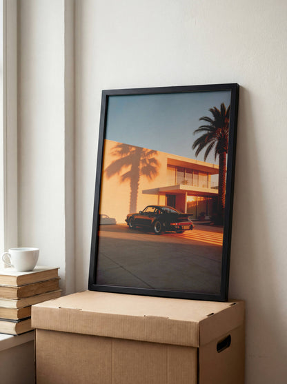 Affiche Porsche 911 Noire & Architecture Contemporaine – Jeu d’Ombres Graphiques et Lumière Dorée | Poster Design Automobile