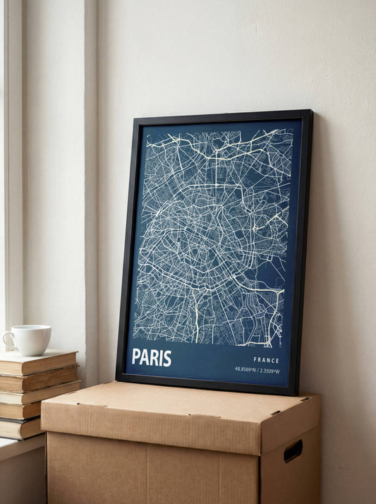 Affiche Blueprint City Map Vintage Paris – Poster Carte Urbaine Minimaliste sur Papier Mat