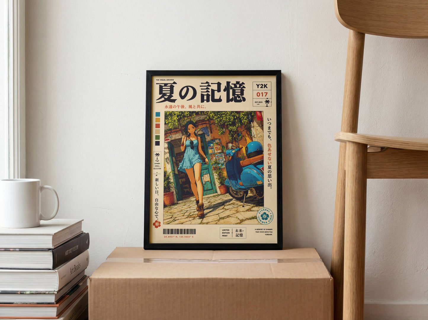 Mediterranean Summer Stroll – Y2K Scooter Girl Poster, Vintage Coastal Village, Anime Aesthetic Wall Art