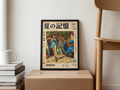 Mediterranean Summer Stroll – Y2K Scooter Girl Poster, Vintage Coastal Village, Anime Aesthetic Wall Art