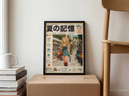 Golden Hour Stroll – Y2K Mediterranean Summer Poster, Blonde Girl in Coastal Village, Vintage Holiday Magazine Cover Art