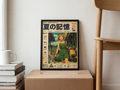 Emerald Summer Runaway – Y2K Coastal Poster, Green Dress Girl & Yellow Vespa, Mediterranean Village Wall Art