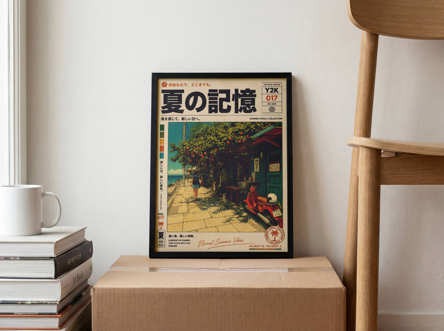 Azure Coast Hideaway – Vintage Scooter Poster, Mediterranean Seaside Street, Y2K Summer Archive, Retro Travel Wall Art
