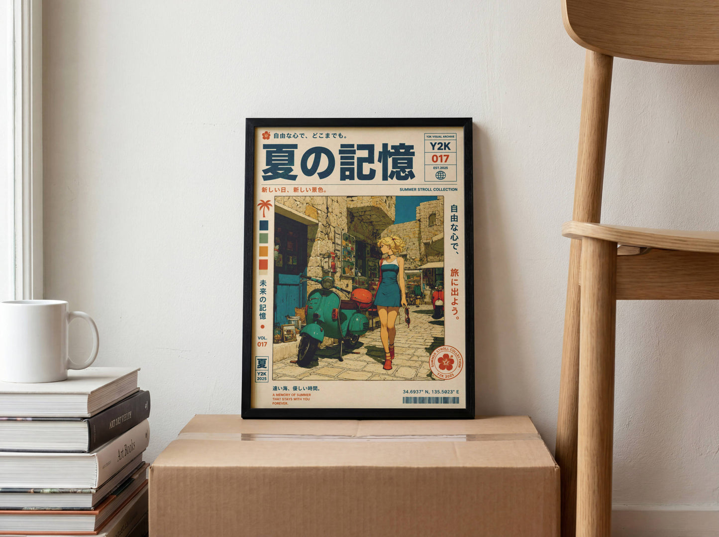 Scooter Rendez-vous – Y2K Summer Girl Poster, Mediterranean Stone Village, Vintage Vespa Aesthetic, Coastal Holiday Wall Art