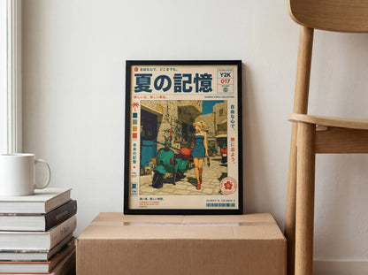 Scooter Rendez-vous – Y2K Summer Girl Poster, Mediterranean Stone Village, Vintage Vespa Aesthetic, Coastal Holiday Wall Art