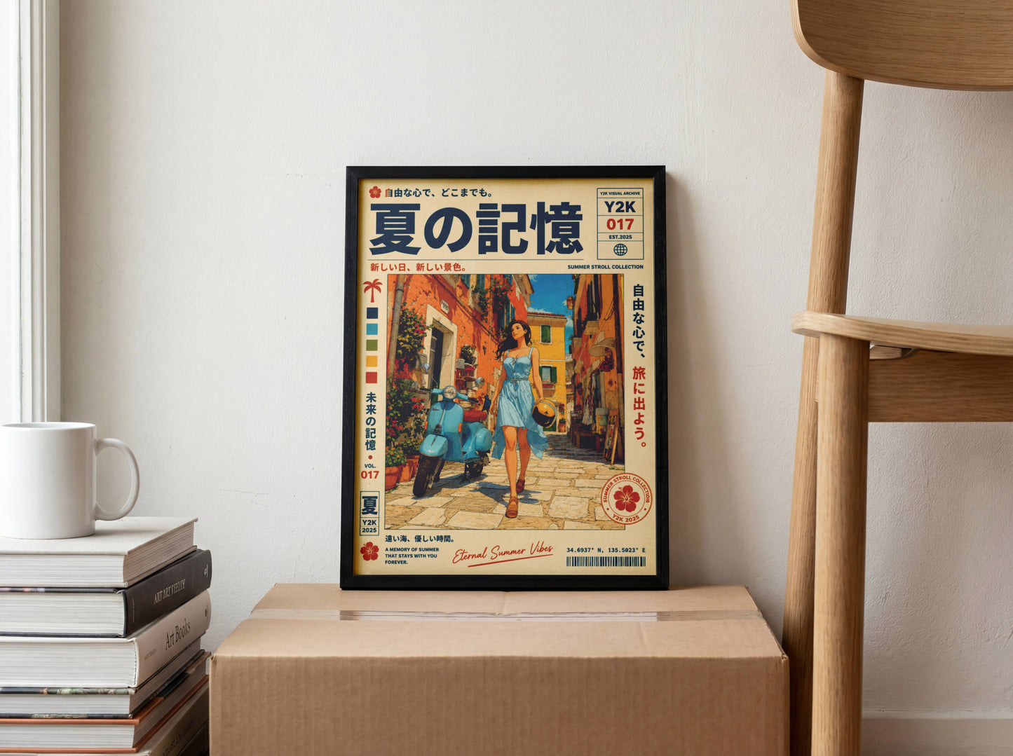 Sunlit Vespa Boulevard – Y2K Mediterranean Summer Poster, Blue Scooter Girl, Coastal Village Wanderlust, Vintage Travel Art