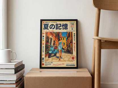 Sunlit Vespa Boulevard – Y2K Mediterranean Summer Poster, Blue Scooter Girl, Coastal Village Wanderlust, Vintage Travel Art