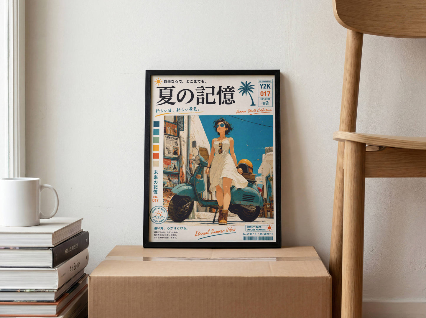 White Dress, Blue Horizons – Y2K Mediterranean Summer Poster, Vintage Scooter Aesthetic, Seaside Escape Wall Art, Coastal Dreamscape