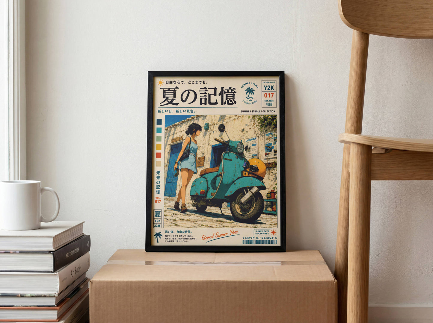 Blue Vespa Afternoon – Y2K Summer Memories Poster, Mediterranean Scooter Girl, Vintage Coastal Street Scene, Retro Travel Print