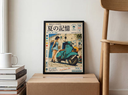Blue Vespa Afternoon – Y2K Summer Memories Poster, Mediterranean Scooter Girl, Vintage Coastal Street Scene, Retro Travel Print