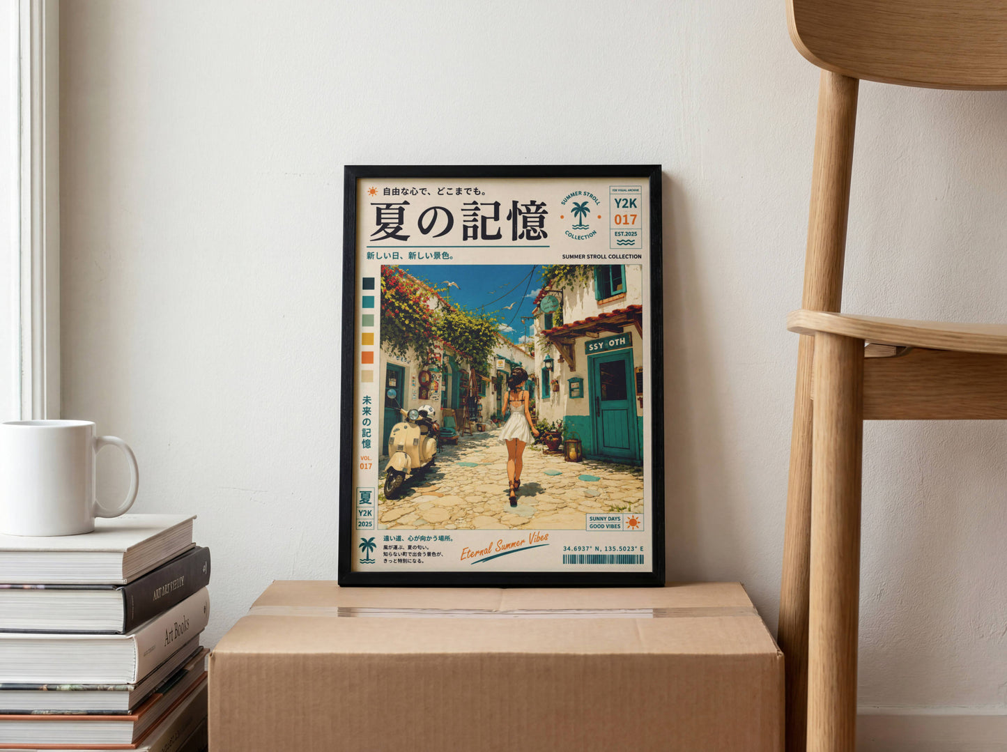 Mediterranean White Streets – Y2K Summer Girl Poster, Sunlit Coastal Village, Vintage Holiday Aesthetic, Seaside Wanderlust Print