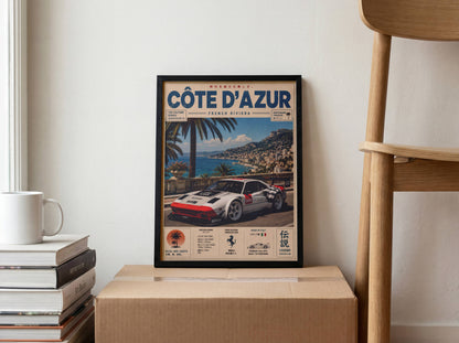 Ferrari 244 GTK Côte d’Azur Poster Vintage – Affiche Riviera Française & Voiture de Collection